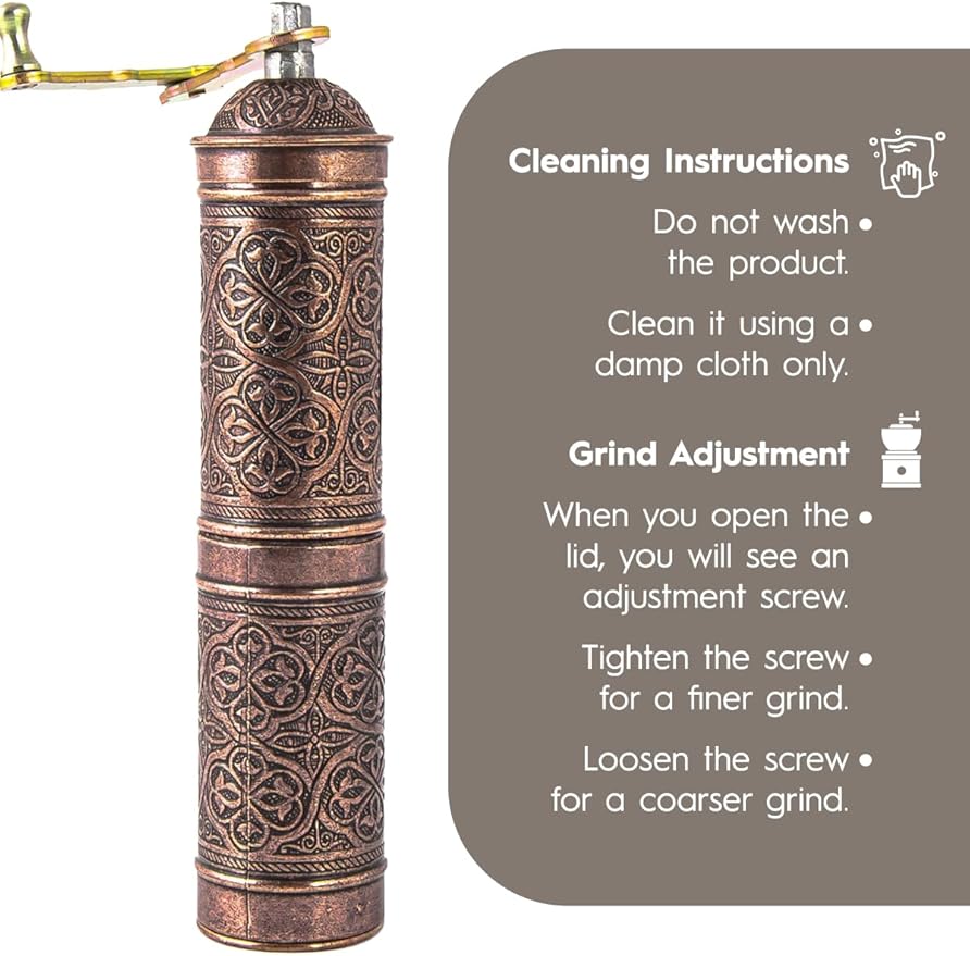 Handmade Turkish Pepper & Coffee Grinder, Refillable Turkish Spice Mill with Adjustable Coarseness, Manual Coffee Mill with Handle, Coffee Grinder Metal with Hand Crank 22 cm-8.66 inch (Bronz)
