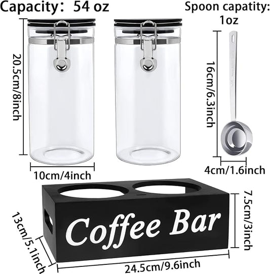 WYTAOHZL 2PCS Glass Coffee Containers with Shelf 54 oz Coffee Station Organizer Glass Bean Storage with Spoon Canister Set Jars with Airtight Locking Clamp for Bean Sugar Nuts