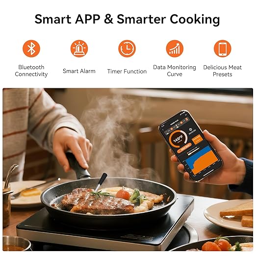 Newise Bluetooth Wireless Meat Thermometer with Smart APP, Long Range & Fast Charge, Digital Food Thermometer for Grill, Oven, Smoker, Christmas Perfect Gifts for Men Dad