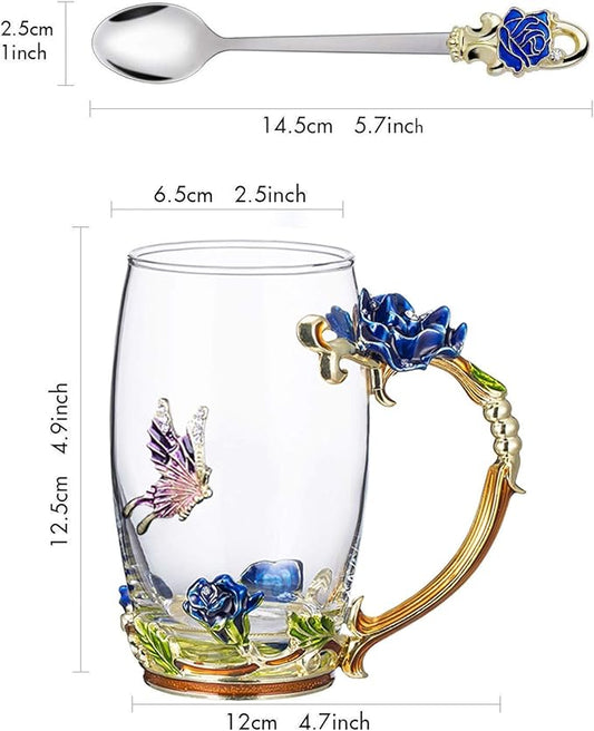 Gifts for Mom Women Unique Blue Tea Mug With Spoon Set & Flower Decoration - Top Birthday Christmas Gifts For Women Mom Who Has Everything