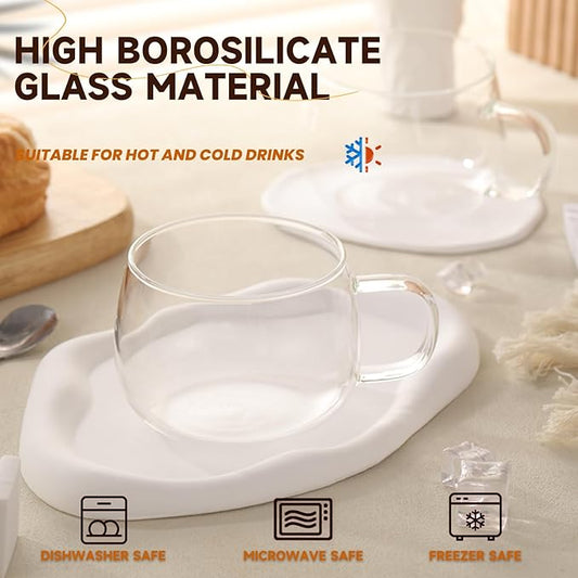 Glass Tea Cups Set of 2, Clear Borosilicate Glass Teacups with Handle for Tealover, Dishwasher & Microwave Safe Large Coffee Mugs for Espresso Cappuccino Latte Juice, 12OZ/360ML