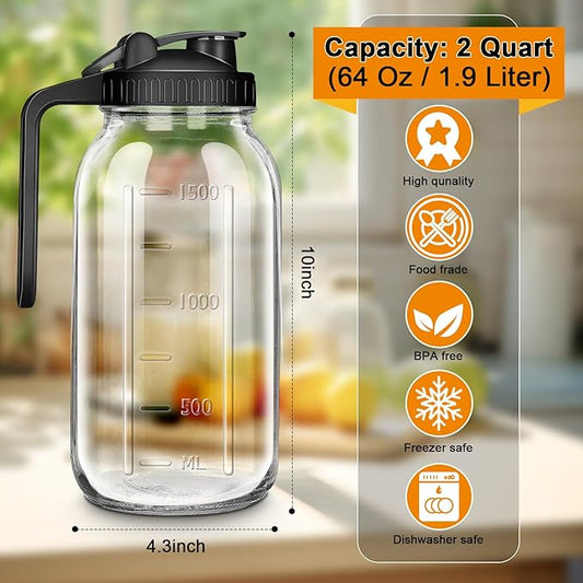 64oz Glass Pitcher with Lid, 2 Quart Mason Jar Pitchers with Lid and Spout, Wide Mouth Breast Milk Pitcher Glass Jug Sun Tea Pitchers, Cold Brew Coffee pitcher, Fridge Container for Water, Juice, Tea