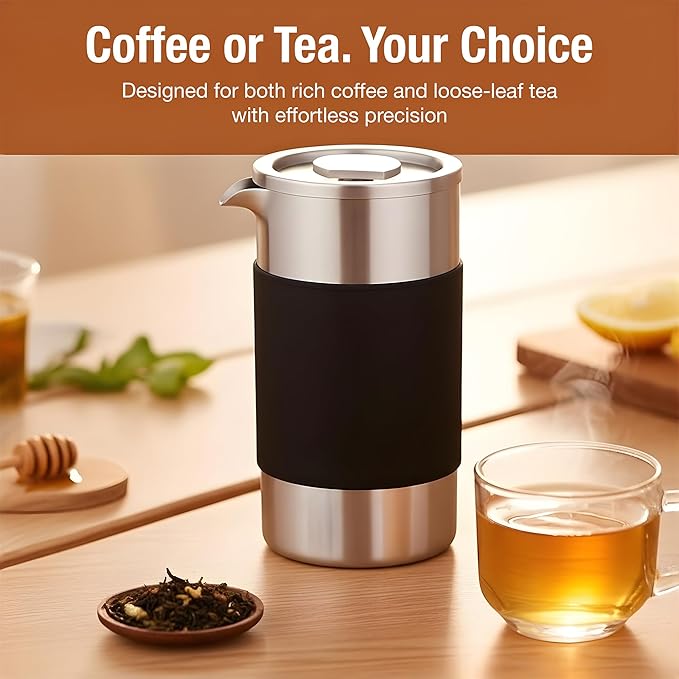 Camping French Press Coffee Maker Set - 12 oz | Portable Travel French Press Coffee Maker | Double Wall Insulated with Dual Stainless Filters & 2 Steel Canisters for Grounds, Tea, Creamer & Sugar