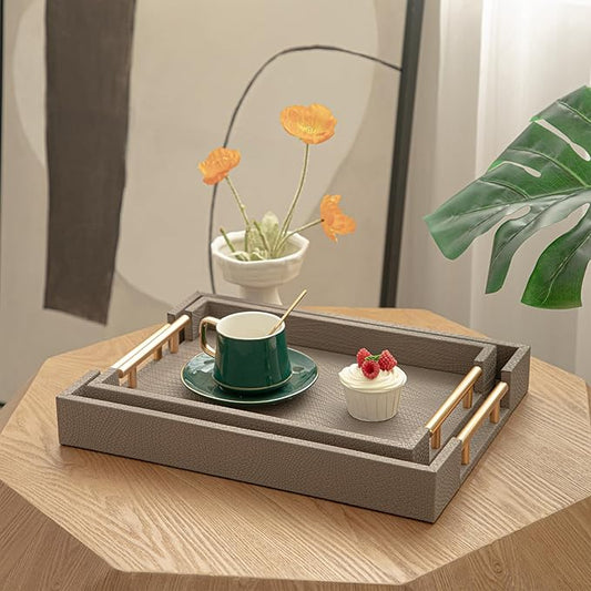 2 Piece Woven Leather Ottoman Tray with Gold Handles, Perfect Rectangular Serving Tray for Living Room, Coffee Table Tray as Thoughtful Gift for Home Decor Enthusiasts (Coffee Brown)