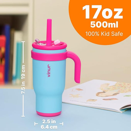 VINUR 17 oz Kids Tumbler with Handle and Straw Lid | 18/8 Stainless Steel Insulated Tumbler Travel Water Mug | Leak Resistant| Cup Holder Friendly, Sky Blue