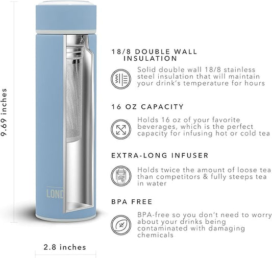 London Sip 16.9 oz Multi-Purpose Tea Infuser Mug – Fruit Infuser Water Bottle for Hot and Cold – Double Wall Stainless Steel Insulated, Blue Sunrise