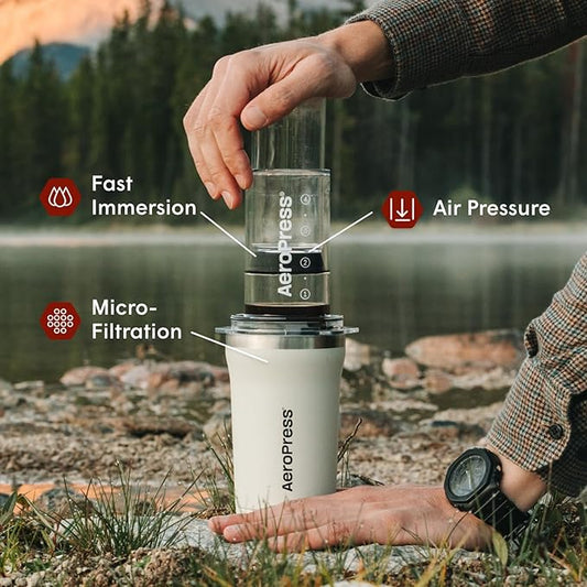 AeroPress Go Plus, Small Portable Coffee Maker Kit, Travel, Camping & Office, All-in-One French Press, Pour-Over & Espresso Style Manual Brewer, 2 Min Brew for Less Bitterness, More Flavor, Cream