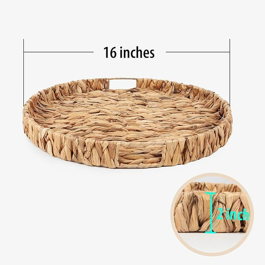Round Ottoman Tray Large Wicker Serving Tray with Handles for Coffee Table, 16 Inch Handwoven Natural Water Hyacinth Tray