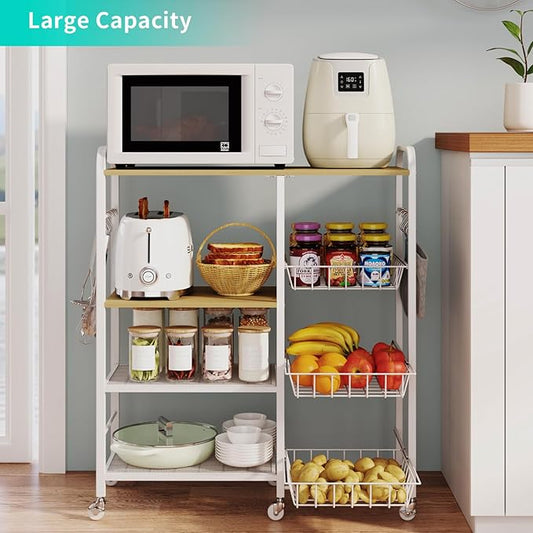 HapiRm Rolling Kitchen Microwave Cart - 4 Tier Microwave Table Stand with Pull-Out Baskets, Coffee Bar Baker's Rack with Wheels Rolling Storage Cart Organizer Shelf for Living Room Office, Balcony