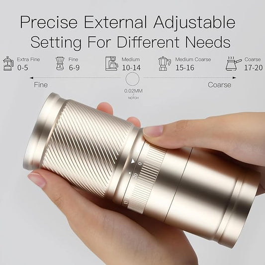DACLL Manual Coffee Grinder with Numerical External Adjustable Setting, Capacity 30g with CNC Stainless Steel Conical Burr (gold)