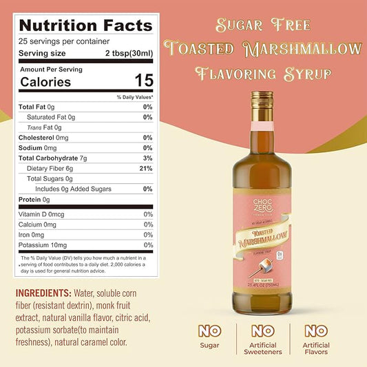 ChocZero Sugar Free Coffee Syrup, Toasted Marshmallow Flavor, No Sugar Alcohol Simple Syrup Drink Mix, Campfire Mochas, Protein Shakes & Baking, All Natural, 25.4 Ounces (Pack of 1)