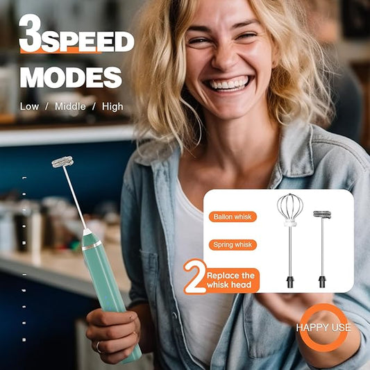 Milk Frother Rechargeable Handheld Electric Whisk Coffee Frother Mixer with 3 Stainless whisks 3 Speed Adjustable Foam Maker Blender for Coffee Matcha Latte Cappuccino Hot Chocolate(Green)