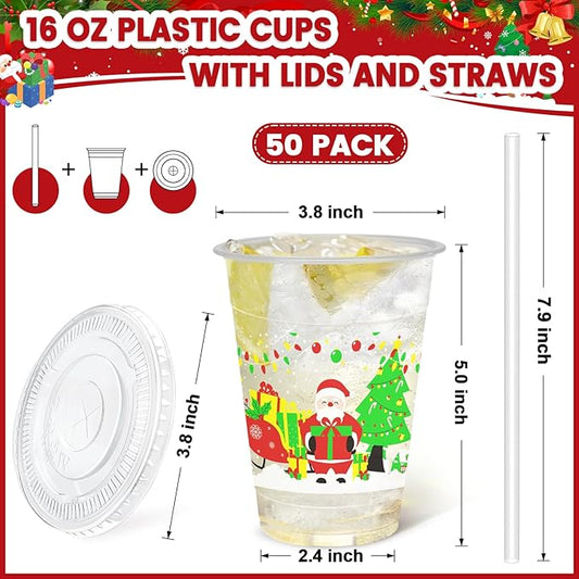 Lamosi 50 Pack 16 oz Christmas Clear Plastic Cups with Lids and Straws, Disposable Snowman Santa Plastic Coffee Cups with Lids for Family Gatherings, Wedding, Parties