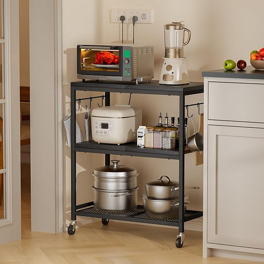 Rolling Kitchen Microwave Cart with 6 Hooks, 3 Tier Utility Cart Storage Table Stand on Lockable Wheels, Small Coffee Shelf Rack Organizer,Black