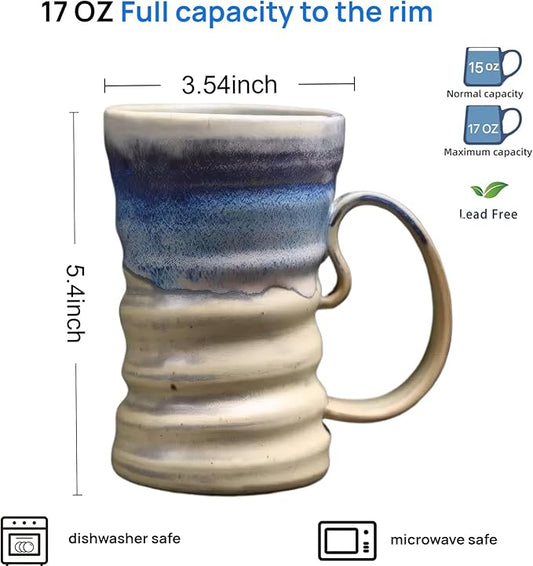 17oz Large Unique Cool Tall Handmade Ceramic Coffee Mug with Comfortable Big handle, Big Pottery Tea Mug, Artisanal Stoneware Coffee cup, Rustic Lead-free Tea Cups, Microwave safe Coffee Cup