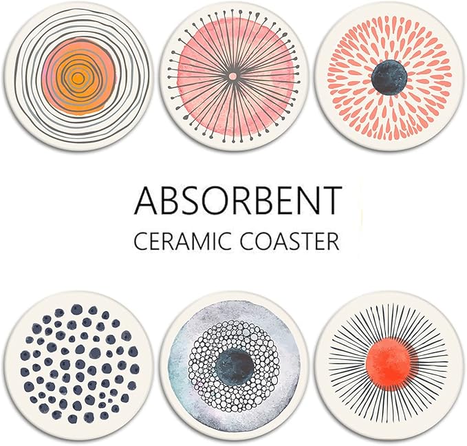 Britimes Coaster for Drinks Set of 6, Watercolor Doodle Circles Flower Absorbent Round Ceramic Stone Mat, with Cork Base and Metal Holder, Gift for Housewarming Room Bar Decor