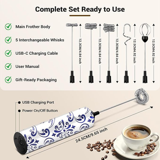Milk Frother Handheld Rechargeable - 2-Speed Electric Whisk with 5 Detachable Heads (Frother/Mixer/Whisk) for Coffee, Latte, Cappuccino & Matcha, Drink Mixer (Flower 14)