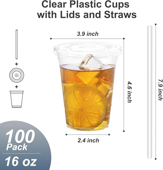 Dealusy 100 Pack - 16 oz Clear Plastic Cups with Lids and Straws, Sturdy & Food Safe Iced Coffee Cups with lids, Disposable Plastic Smoothie Cups for Cold Drinks