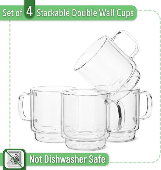 BTaT- Double Walled Stackable Espresso Cups, 5 oz, Set of 4, Clear Coffee Mugs, Double Wall Insulated Espresso Cups, Coffee Mugs for Tea, Lattes, Hot & Cold Beverages