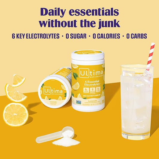 Ultima Replenisher Daily Electrolyte Powder Drink Mix – Sugar Free – Lemonade, 90 Servings – Hydration Powder with 6 Key Electrolytes and Trace Minerals – Keto Friendly, Vegan, Non-GMO