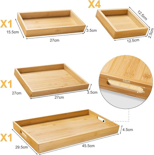 Wooden Serving Trays with Handle - Set of 7 - Large, Medium, Small and Mini - Nesting Multipurpose Trays - for Breakfast, Coffee Table/Butler & More - Light & Sturdy Wood Tray