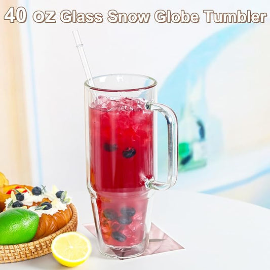 40 Oz Snow Globe Glass Cup With Handle, 2 Pack Pre-Drilled Double Wall Glass Coffee Mug For Snow Globe Diy Glitter