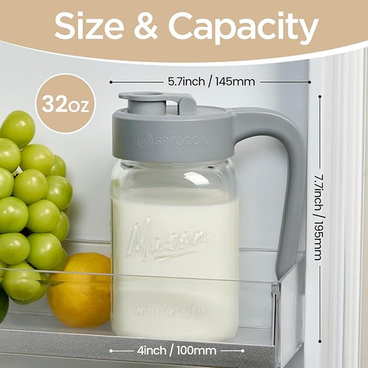 32 oz Glass Pitcher with Lid, 1 Quart Mason Jar Pitcher with Lid Airtight, Breast Milk Storage for Fridge, Ideal for Cold Brew Coffee, Iced Tea, Sun Tea, Juices