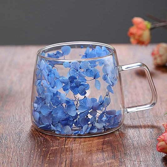 Generic Double Wall Insulated Glass Cup,Dried Flower Mug with Handle,Creative Transparent Coffee Cups,Gift for Women Mom Female (Blue)