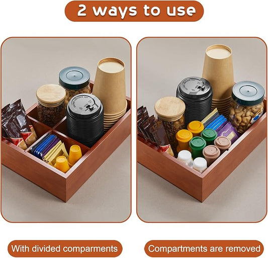 ALELION Coffee Station Organizer with Removable Dividers - Wood Coffee Bar Accessories Organizer for Countertop - Pod Holder Basket for K Cup Sugar Tea