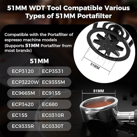 IKAPE Espresso Coffee V3 WDT Tool, 51mm Stirrer Distribution Tool, Equipped with 10-needle Stirrer, Adjustable Needle Height, Coffee Stirrer with Dosing Funnel & Stand