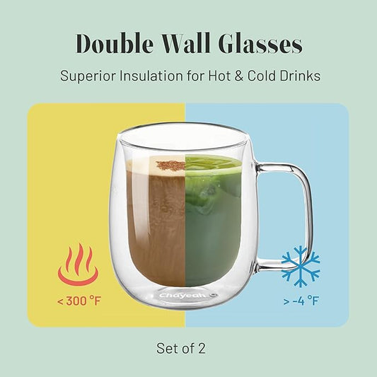 Double Wall Glasses, 14 OZ Insulated Mugs with Handle, Perfect for Tea, Coffee, Water, and More (Set of 2)