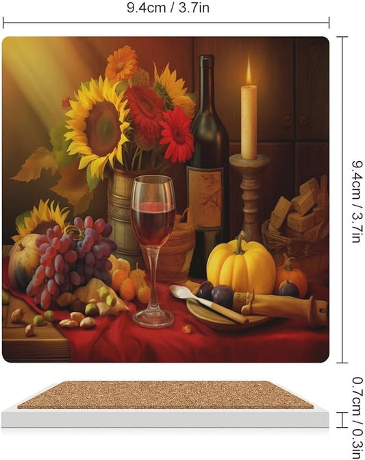 4PCS Red Wine Drink Coasters, Square Modern Ceramic Absorbent Coasters, Retro Wood Style Red Wine Fruit Grapes Fruit Floral Sunflower Decor Desk Coffee Table Coaster for Beverage Cup Tea Coasters