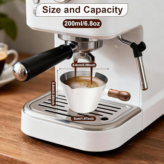 Espresso Cup, 6.8 oz/200 ml Stainless Steel Coffee Shot Measuring Cup with Wood Handle, Double V-Shaped Mouth and Clear Scale for Cappuccino Barista Coffee Bar Accessories, White