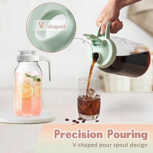 64oz Glass Pitcher with Lid & V-shaped Pour Spout - 2 Quart Breastmilk Pitcher Double Leak Proof, Creamer Container for Sun Tea, Juice, Cold Brew Coffee, Breastmilk Storage Containe