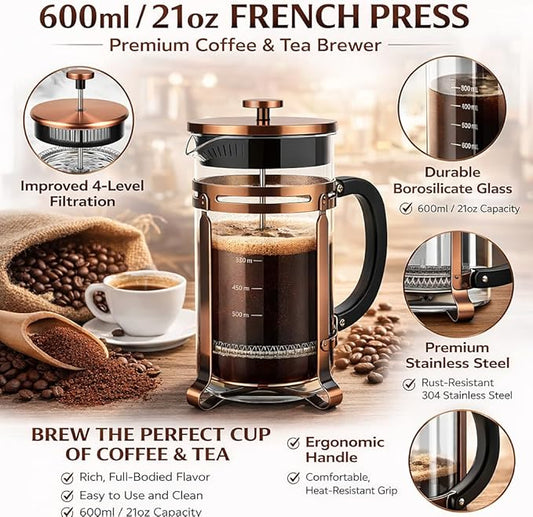 French Press Coffee Maker 21oz, 304 Stainless Steel 4Mesh Filter, Borosilicate Glass, Heat-Resistant, BPA-Free,Glass Carafe with Measurement Markings, Easy to Clean, forHome, Office & Gift