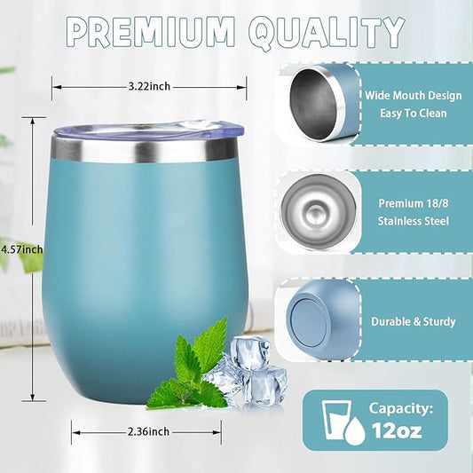 12oz/4 Pack Stainless Steel Wine Tumbler with Lid and Straw, Double Wall Vacuum Insulated Wine Tumbler Glasses, Stemless Travel Mugs for Hot and Cold Drinks, Coffee, Wine, Cocktails (Maya Blue)