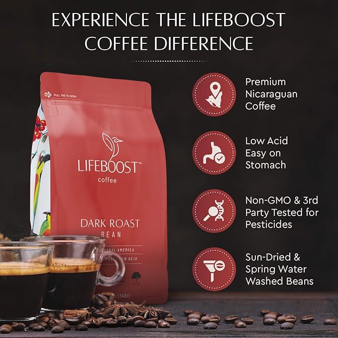 Lifeboost Dark Roast Whole Bean Coffee - Low Acid Organic Coffee, Non-GMO, USDA Organic, Single Origin, Third-Party Tested for Mycotoxins & Pesticides - 12 oz, Pack of 3