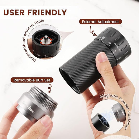 burrbuzz MB2 Manual Coffee Grinder with Carrying Case, Great for Travel, Camping & Storage Components, All-Round Grinder