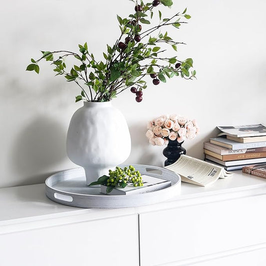 Round Decorative Tray, Extra Large Wooden Serving Tray with Handles, 11.8in White Decorative Trays for Coffee Table,Kitchen Counter,bandejas decorativas