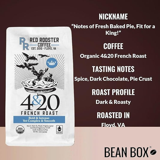 Organic 4&20 French Roast - Roasted by Red Rooster Coffee - Whole Bean Coffee - 12 Ounce Bag