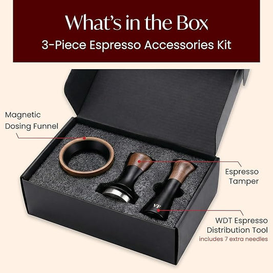 Espresso Accessories Kit for 54mm Portafilter – Premium Matching Barista Tools Set with Durable Aluminum and Real Walnut Wood – Espresso Tamper, WDT Tool and Magnetic Dosing Funnel – Black & Walnut