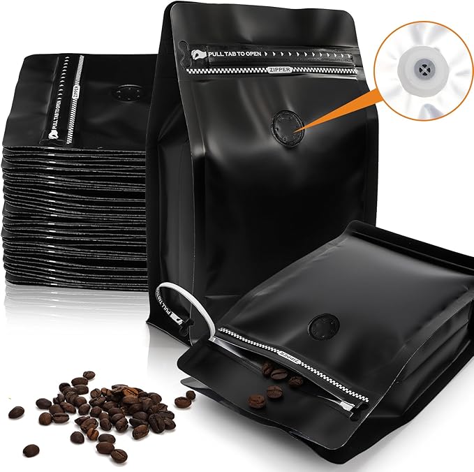 ZOOFOX 50 Pack Coffee Bags with Valve, 8 oz Matte Black Stand Up Coffee Beans Storage Bag, Heat Sealable Foil Pouch Bags for Packaging, Home or Store