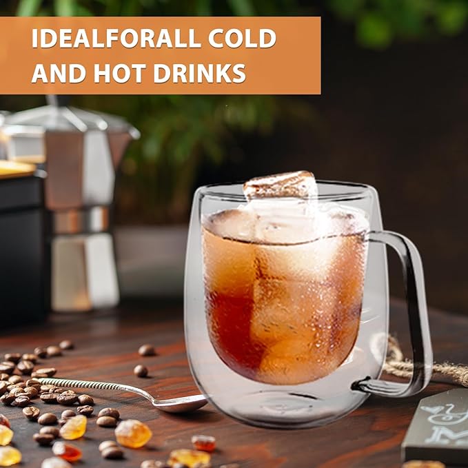 STARVAST 12 OZ Double Walled Glass Coffee Mugs, Glass Coffee Cups with Acacia Wood Lid Set of 4, Clear Espresso Cups with Handle, Perfect For Cappuccinos,Latte and Tea