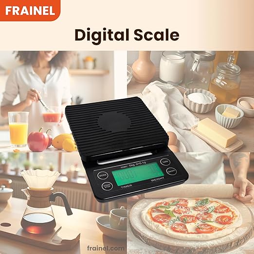 Coffee & Kitchen Digital Scale for Pour Over, Drip, Espresso, Salad Preparation, Pizza, Seasonal & Thanksgiving Cooking. Built-in Timer, Unit Switch, Green LCD, Max 5kg Weight, 0.1g Accuracy