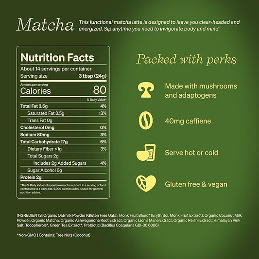 Clevr Organic Matcha Green Tea Latte, Instant Ceremonial Grade, Superfood Powder Blend with Oat Milk, Lions Mane, Reishi Mushroom, Coconut Cream, Ashwagandha, Serve Hot or Iced, (14 Lattes)