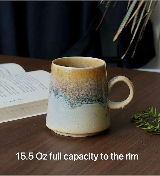 15oz Retro Japanese style Handmade Ceramic Coffee Mug - Unique Vintage Pottery tea cup, Lead-free Artisanal stoneware ceramic tea mug, Dishwasher & Microwave Safe Coffee cup for office and home