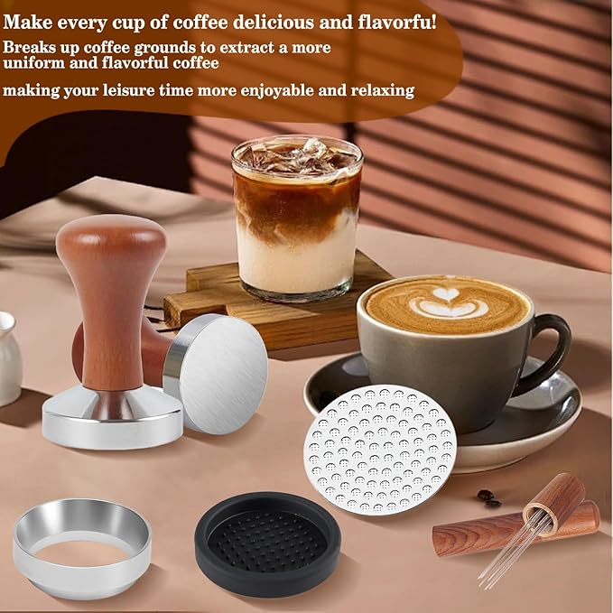 58mm Espresso Accessories Kit, Wooden Handle Espresso Tamper, WDT Tool, Puck Screen and Dosing Funnel Set Fits Delonghi 58 mm Espresso Coffee Machines and Portafilter, Barista Tools