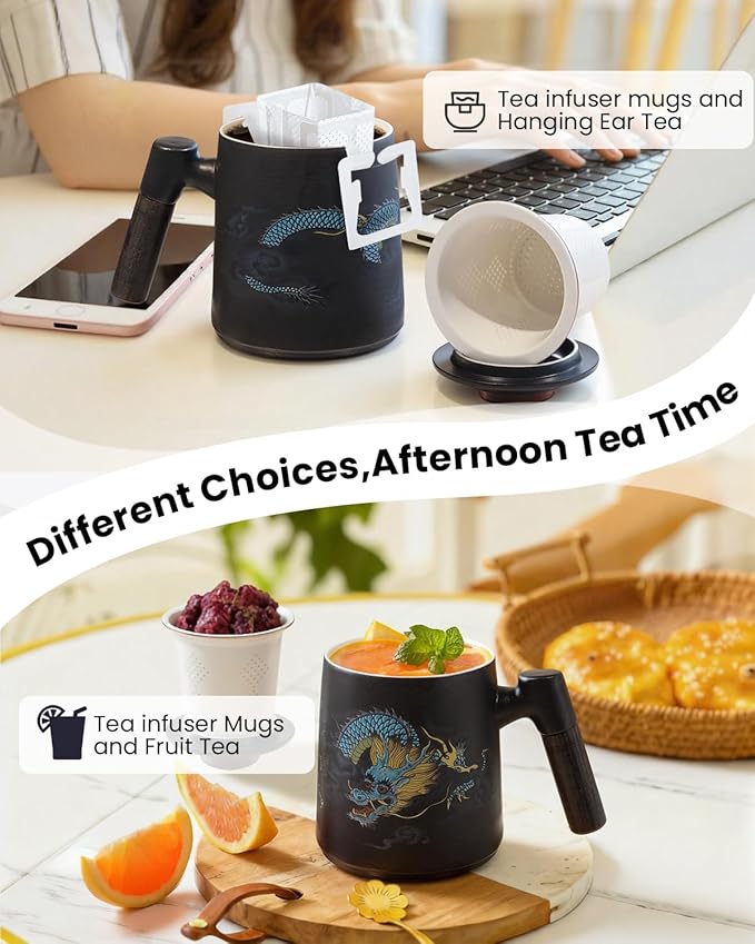 Porcelain Tea Cup with Infuser and Lid,Ceramic Tea Mug for Loose Leaf,Tea Strainer Cup with Wood Handle,Chinese Dragon Black Cup,All Ceramic Infuser,BPA-Free for Tea Lovers/Birthday/Valentine's Day