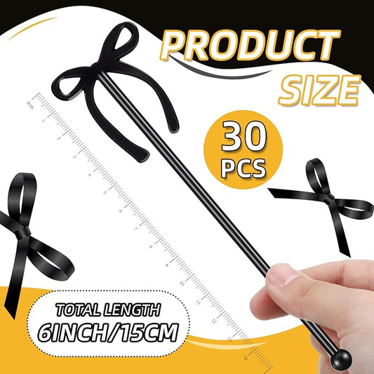 30 Pcs 6 Inch Valentine Party Stirrers, Bow Stir Sticks Coffee Stirrers Reusable Plastic Swizzle Sticks for Wedding Birthday Bridal Cocktail Decorations Galentines Supplies(Black)