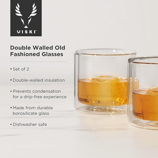 Viski Double Walled Old Fashioned Glasses - Insulated Borosilicate Glass Tumblers - Glass Cups for Bourbon, Whiskey, Scotch, Brandy, and Cocktails - 7 oz, Set of 2
